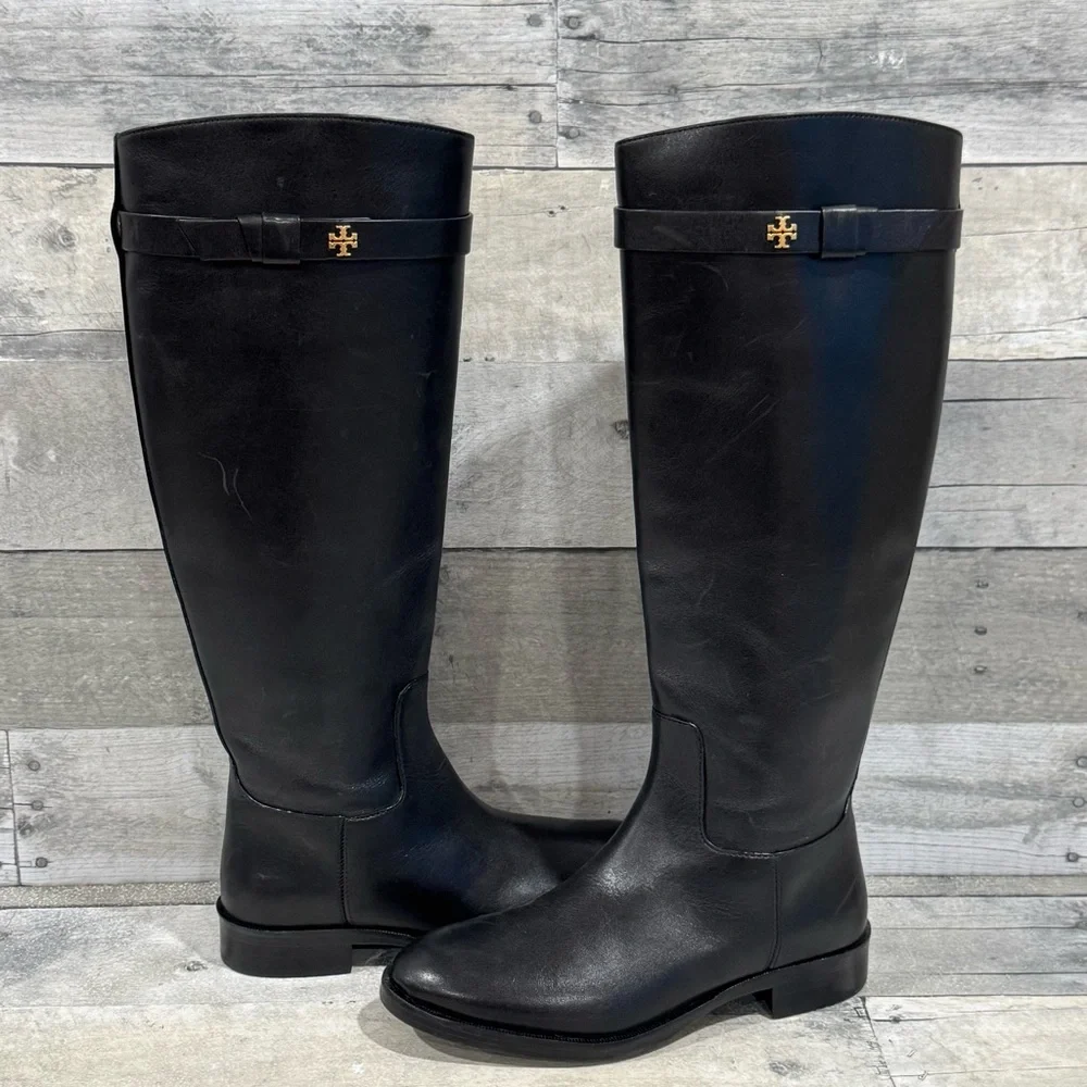 TORY BURCH EVERLY STRAP RIDING BOOTS - BLACK LEATHER - SZ - 5.5